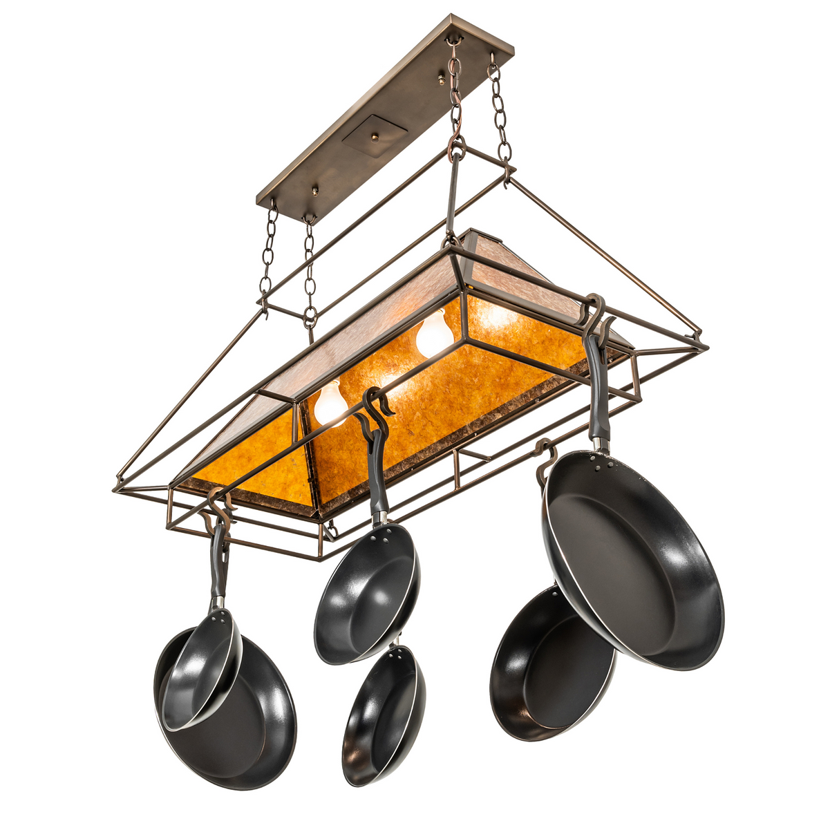 Side view of Mission Prime chandelier with copper frame.