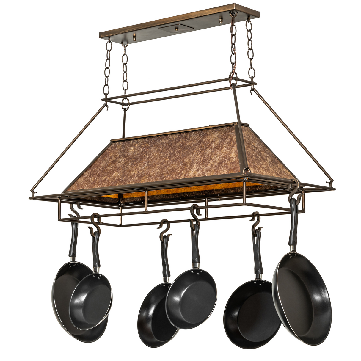 Unlit Mission Prime pot rack chandelier with cookware display.
