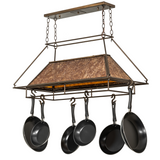 Unlit Mission Prime pot rack chandelier with cookware display.