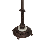 Close-up of mahogany bronze mission-style lamp base with carved detailing.