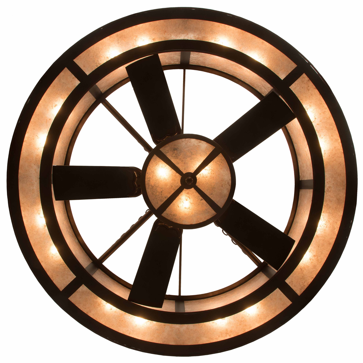 Bottom lit view showing fan blades and circular mica light pattern.