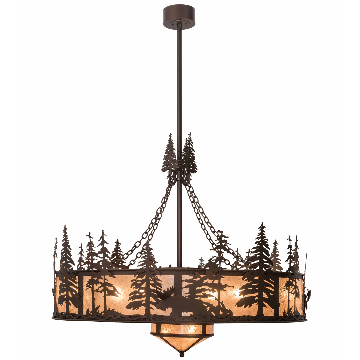 Side lit view featuring bronze pine tree cutouts and amber mica diffuser.
