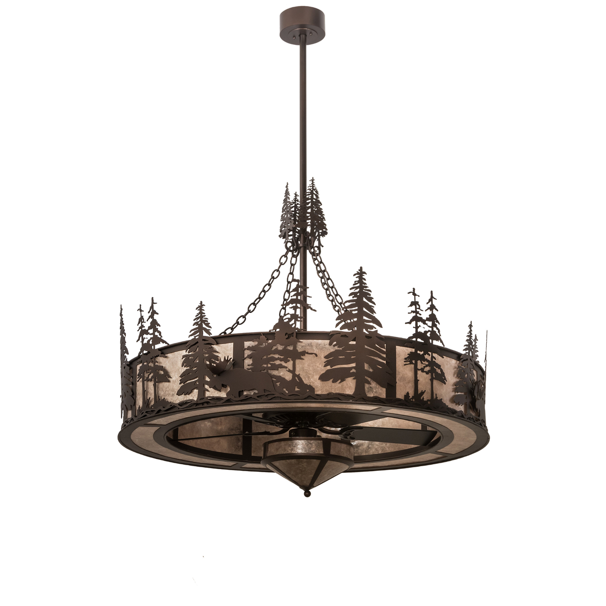 Unlit front view showing moose and pine tree cutout details on bronze frame.