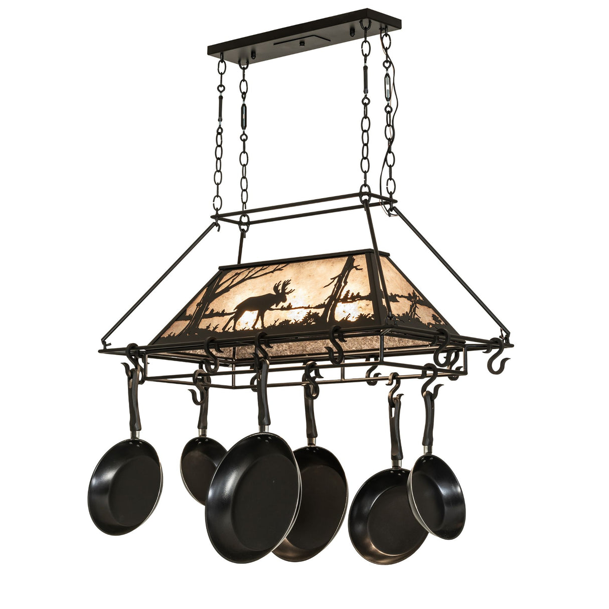 Angled perspective of moose chandelier pot rack lit.