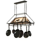 Angled perspective of moose chandelier pot rack lit.