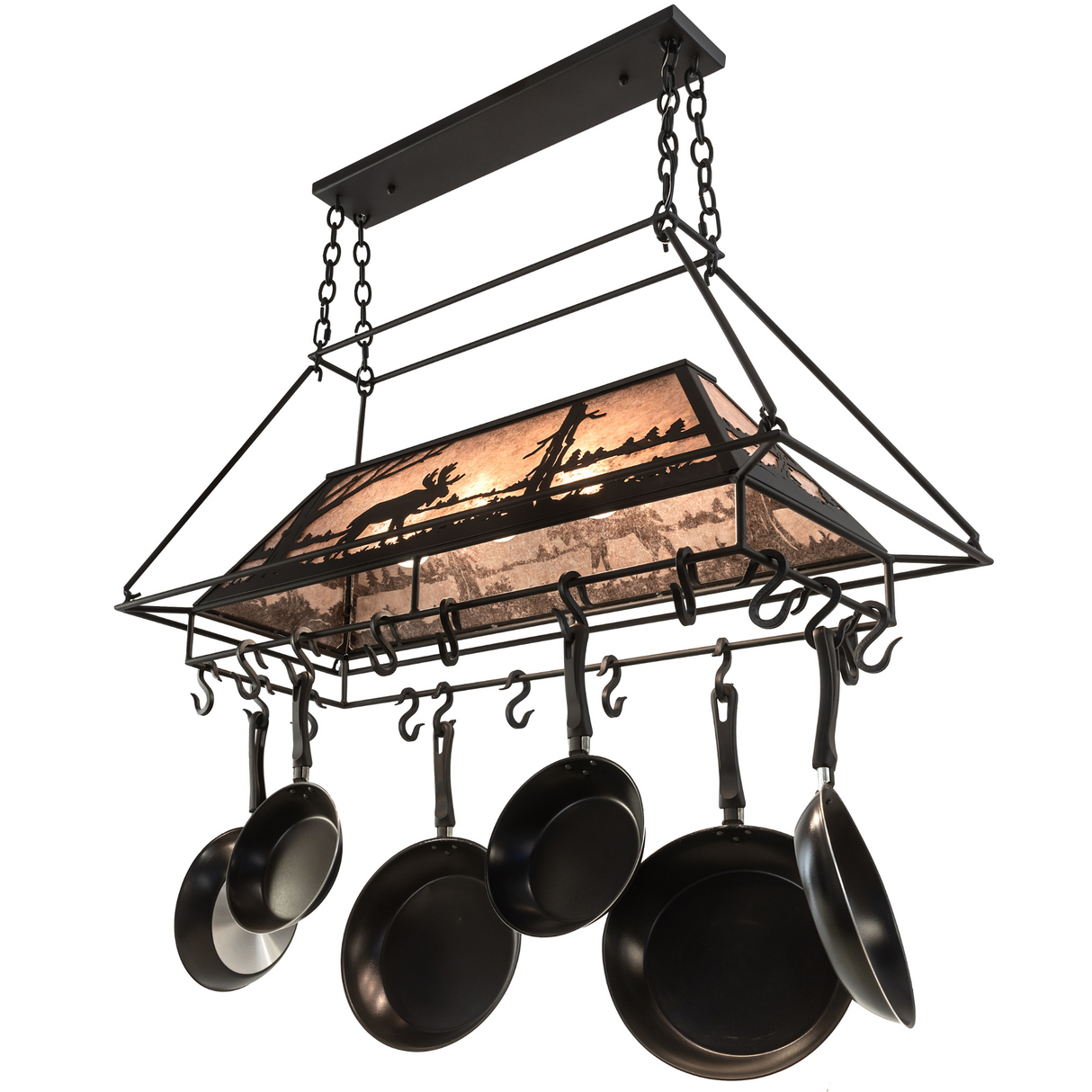 Bottom angle of Moose at Lake 3-light pot rack with rustic mica glow.
