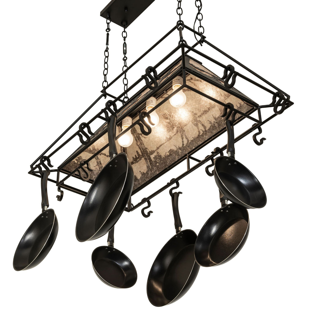 Bottom angled view of moose chandelier pot rack lit.