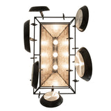 Underside view of illuminated moose chandelier.
