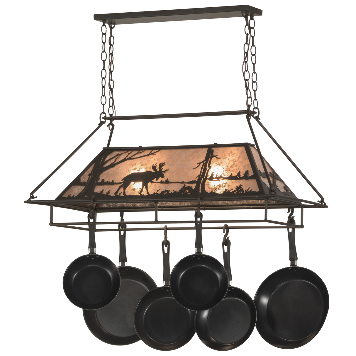 Lit view of Moose at Lake chandelier with hanging pans.