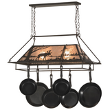 Lit view of Moose at Lake chandelier with hanging pans.