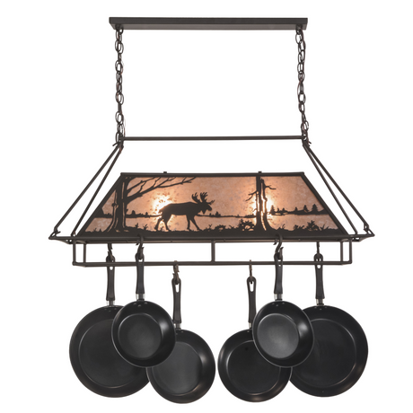 Straight front lit view with moose scene and cookware.