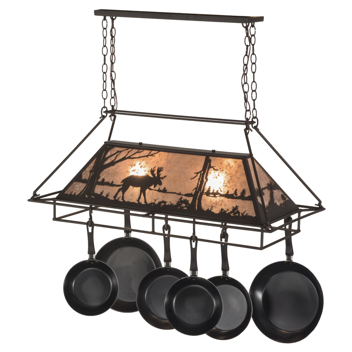 Side angle lit view showing mica glow and hanging pans.