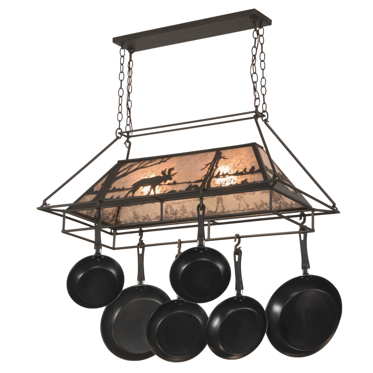 Side view of chandelier with mica panels illuminated.