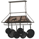 Front view of pot rack chandelier with moose design unlit.