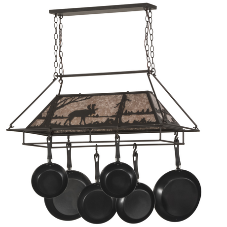 Front view of pot rack chandelier with moose design unlit.