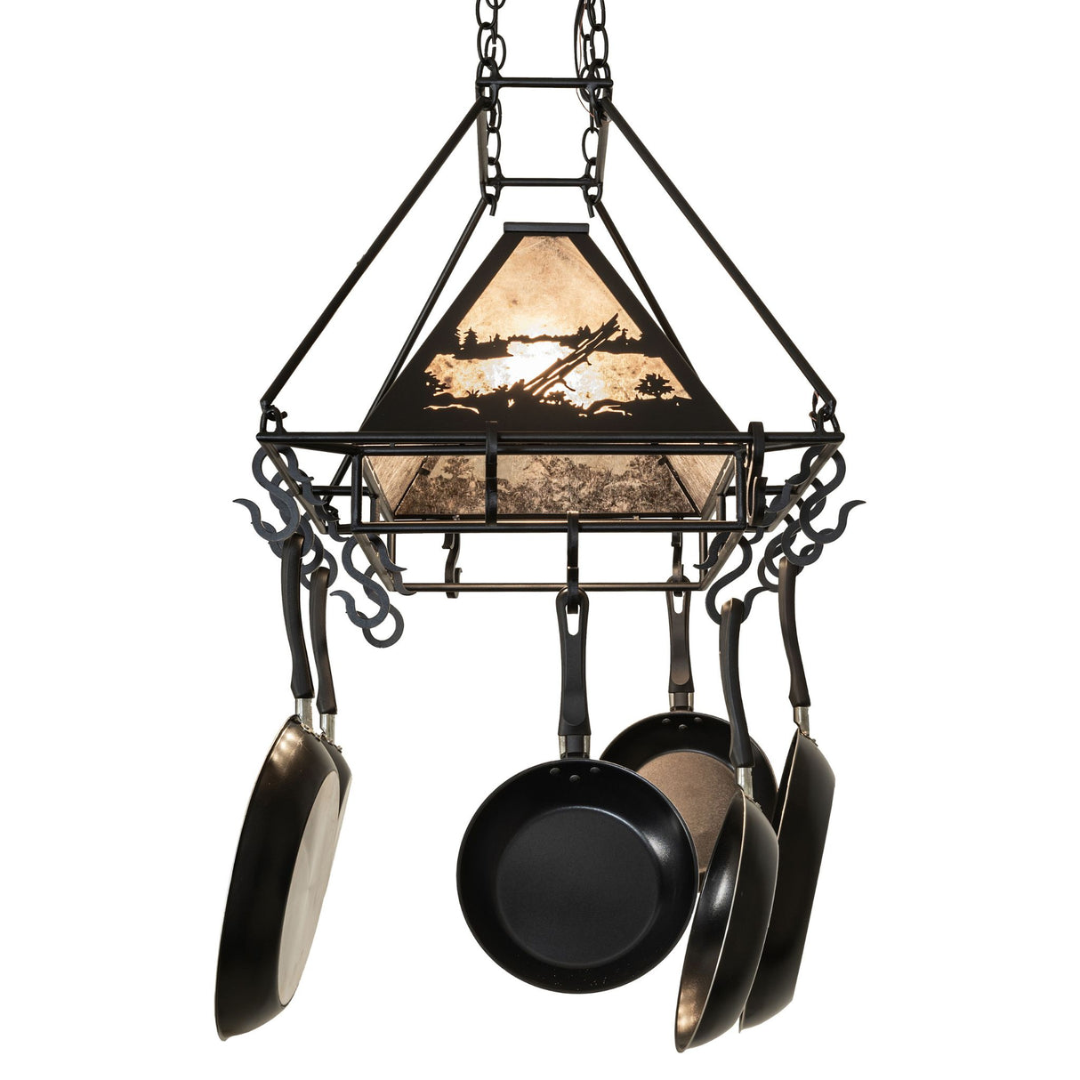 End view of rustic moose chandelier glowing light.