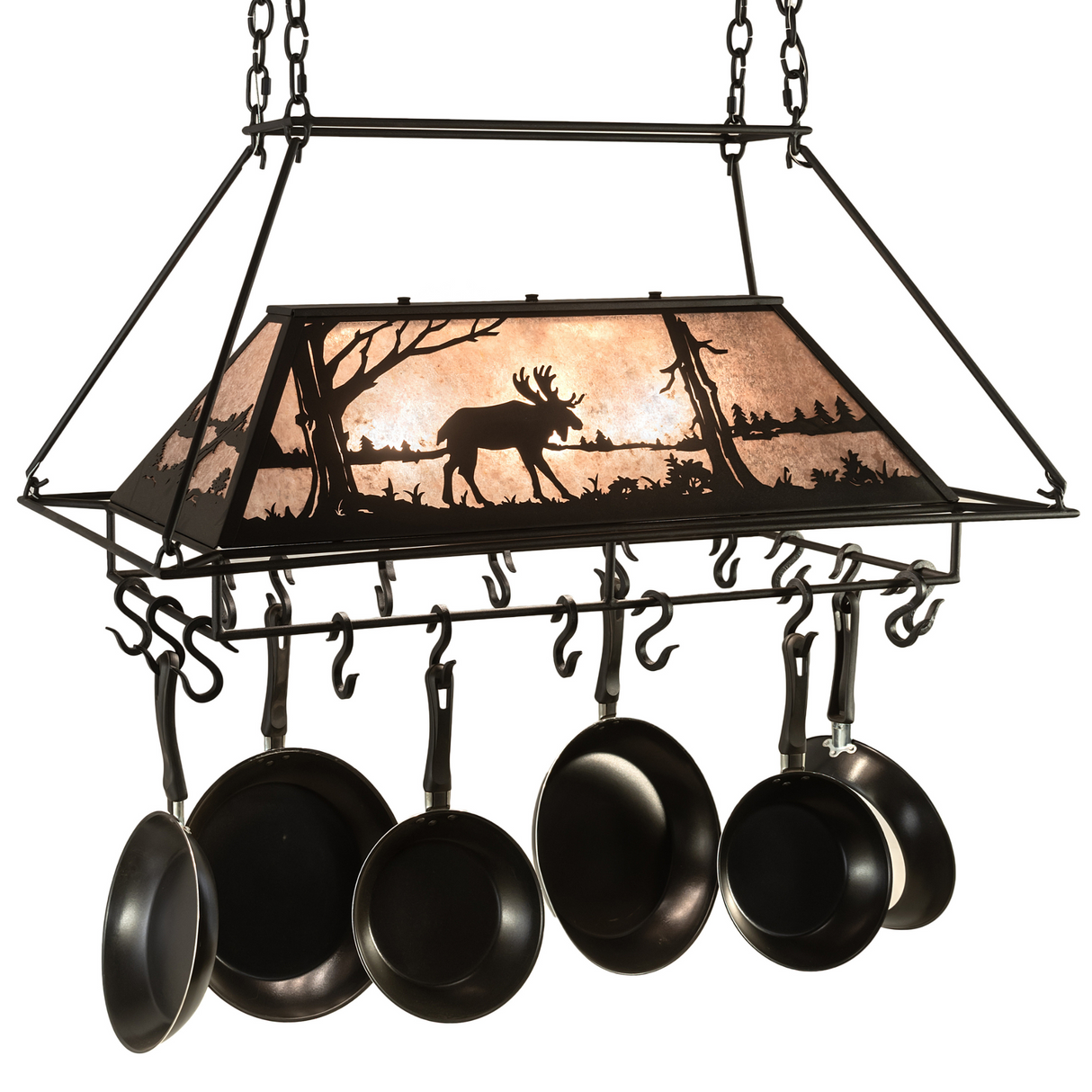 Rustic Moose at Lake pot rack chandelier with pans hanging, front angle.