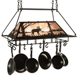 Rustic Moose at Lake pot rack chandelier with pans hanging, front angle.