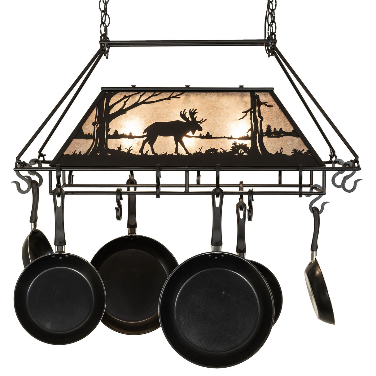 Moose design chandelier with pans displayed lit.