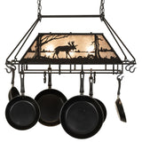 Moose design chandelier with pans displayed lit.
