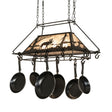 Rustic moose pot rack chandelier front view unlit.