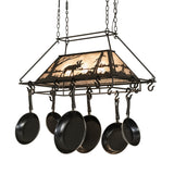 Rustic moose pot rack chandelier front view unlit.