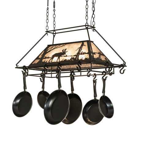 Rustic moose pot rack chandelier front view unlit.