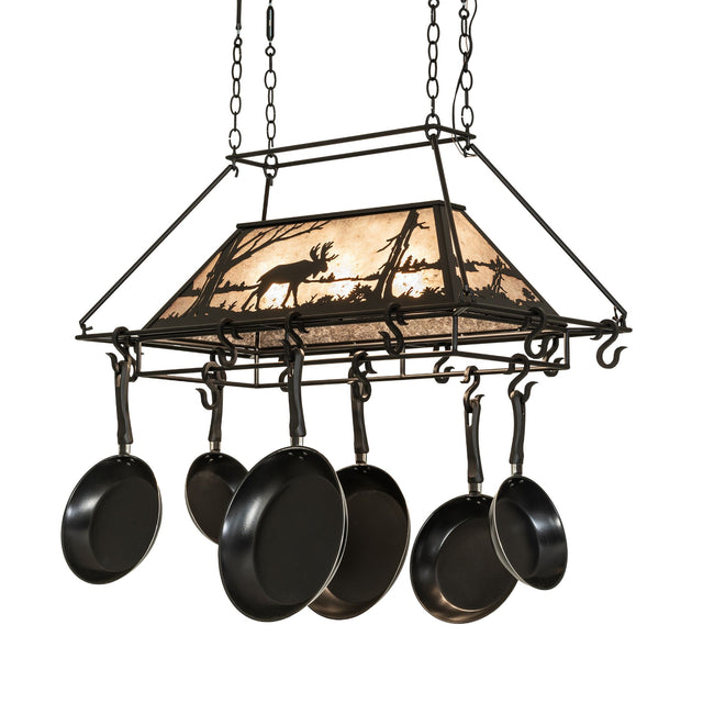 Rustic moose pot rack chandelier front view unlit.