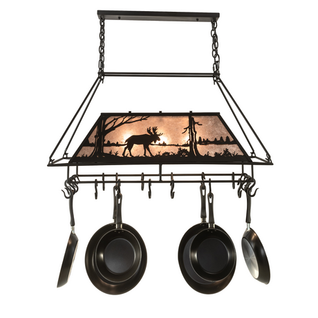 Moose at Lake rustic chandelier full front view with hanging cookware.