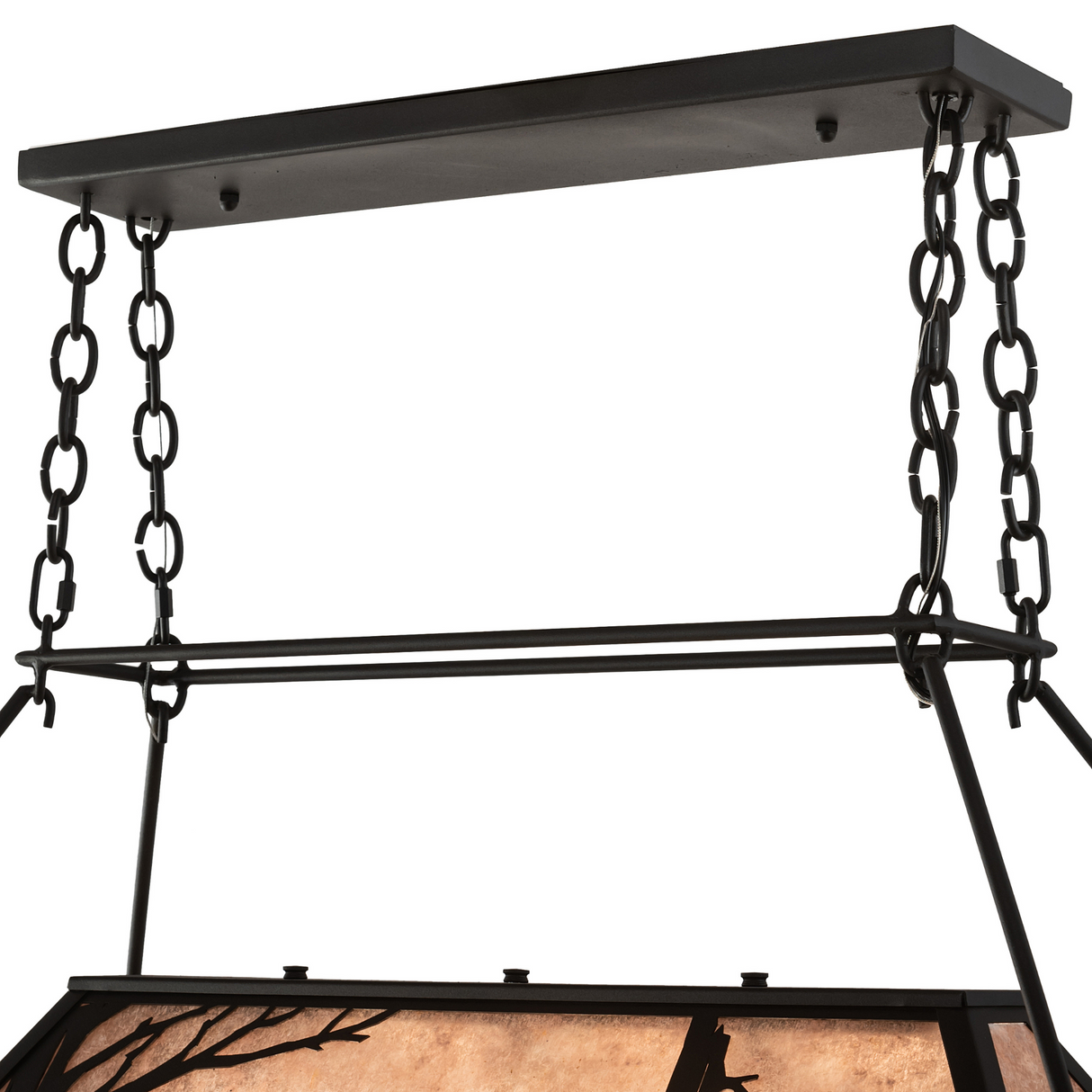 Ceiling mounting detail of Moose at Lake 3-light pot rack with chain suspension.