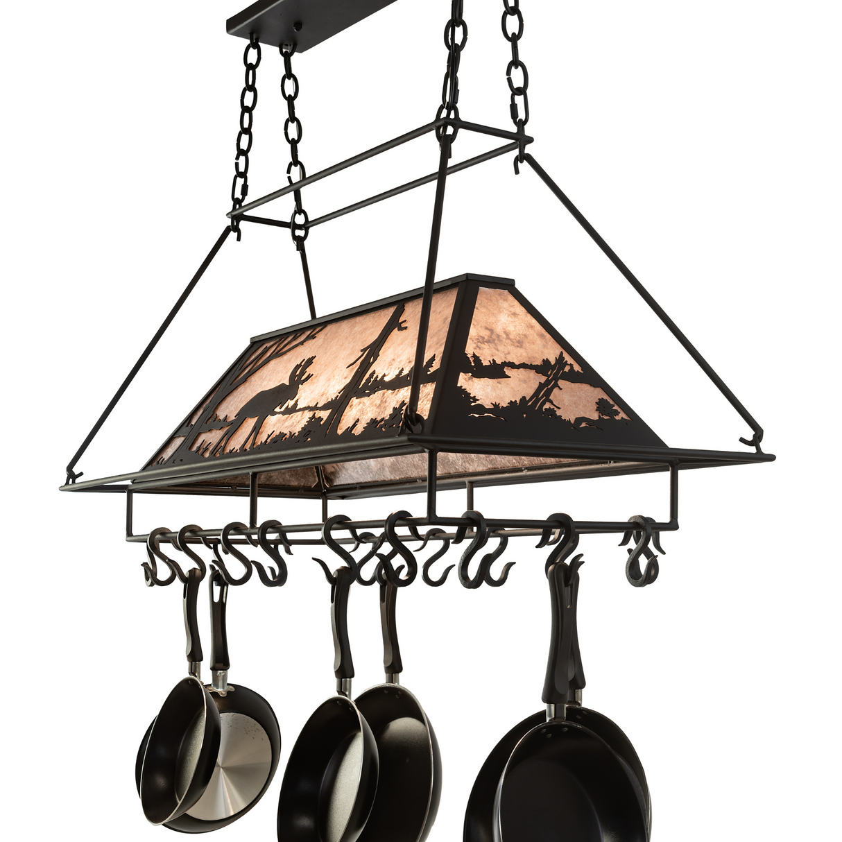 Side detail of Moose at Lake chandelier highlighting black finish and nature scene.