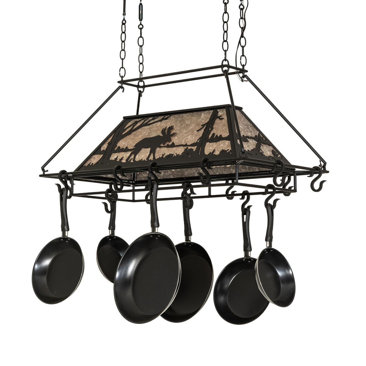 Side profile of moose pot rack chandelier unlit.