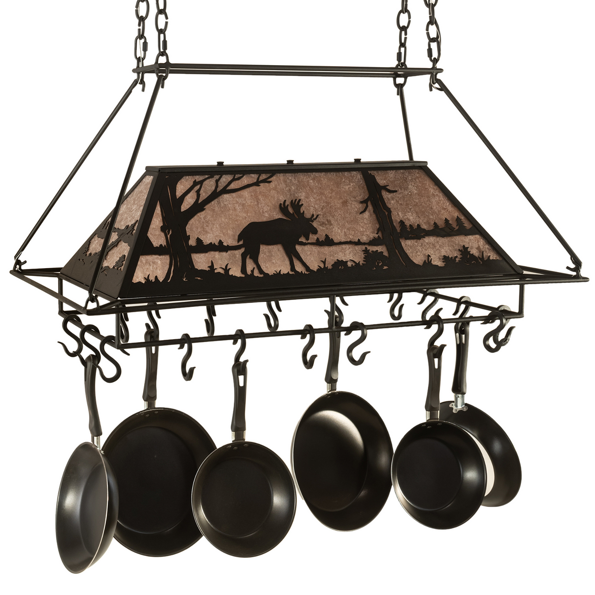 Moose at Lake 3-light chandelier side view with detailed woodland design.
