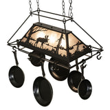 Top angle view of moose chandelier pot rack lit.