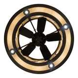 Bottom view perspective showing fan blades and inner ring illumination.