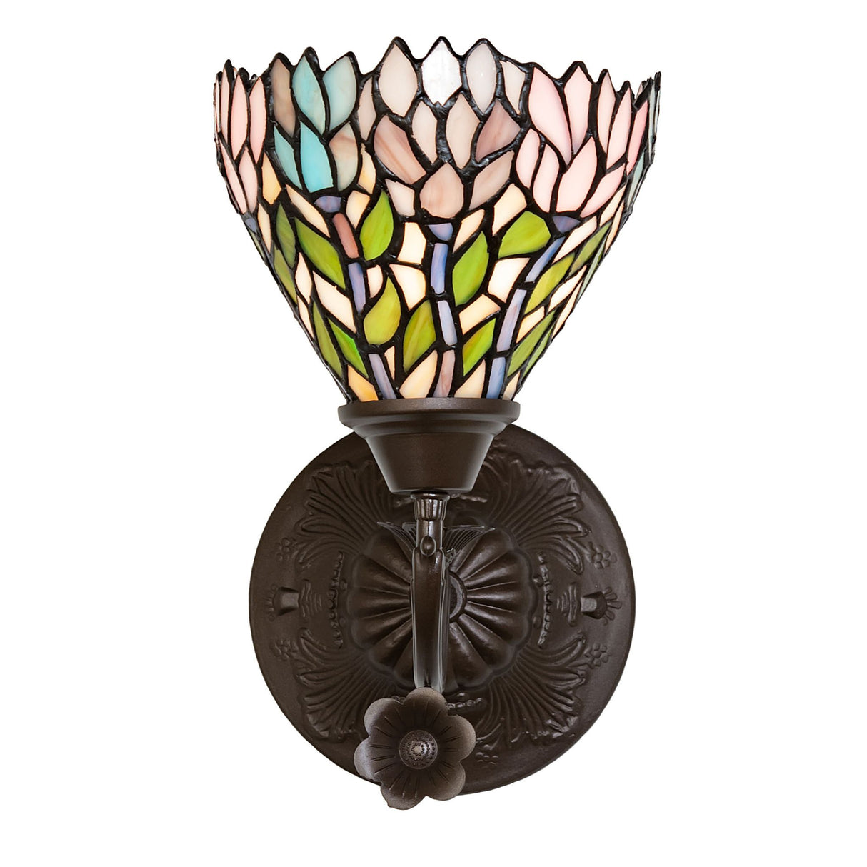 Front view of wisteria-patterned wall sconce with dark metal hardware.
