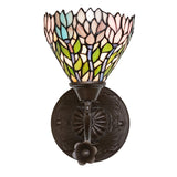 Front view of wisteria-patterned wall sconce with dark metal hardware.