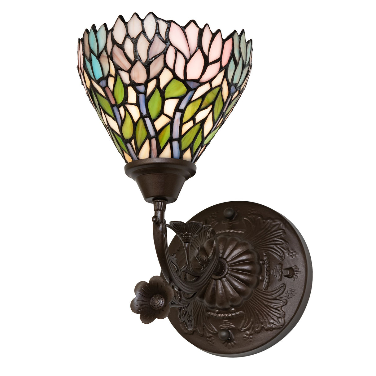 Stained glass Wisteria wall sconce showcasing colorful floral patterns.
