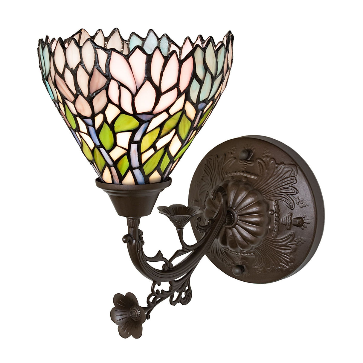 Side angle view of the Wisteria wall sconce highlighting floral design and base.
