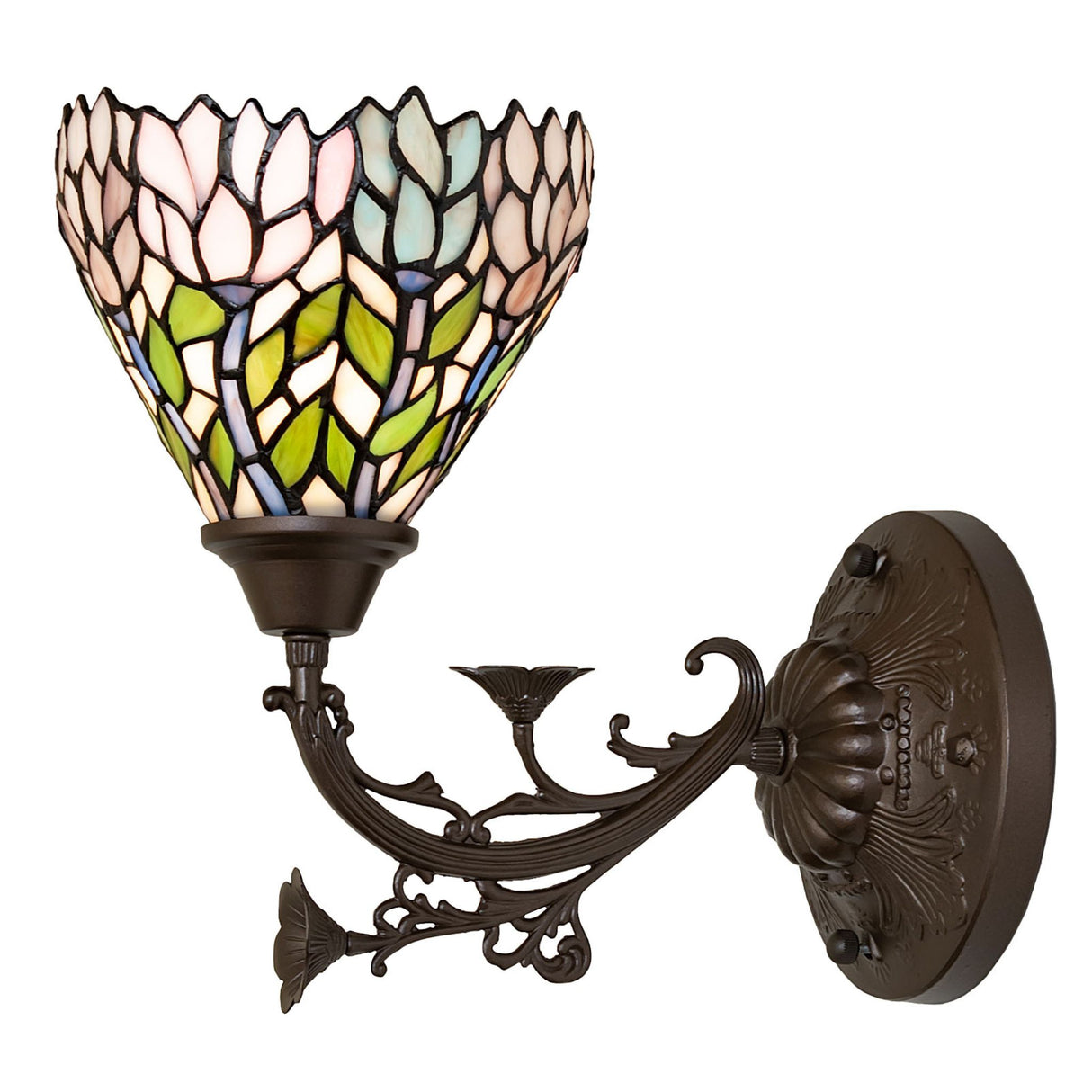 Side view of the Wisteria wall sconce highlighting floral design and base.