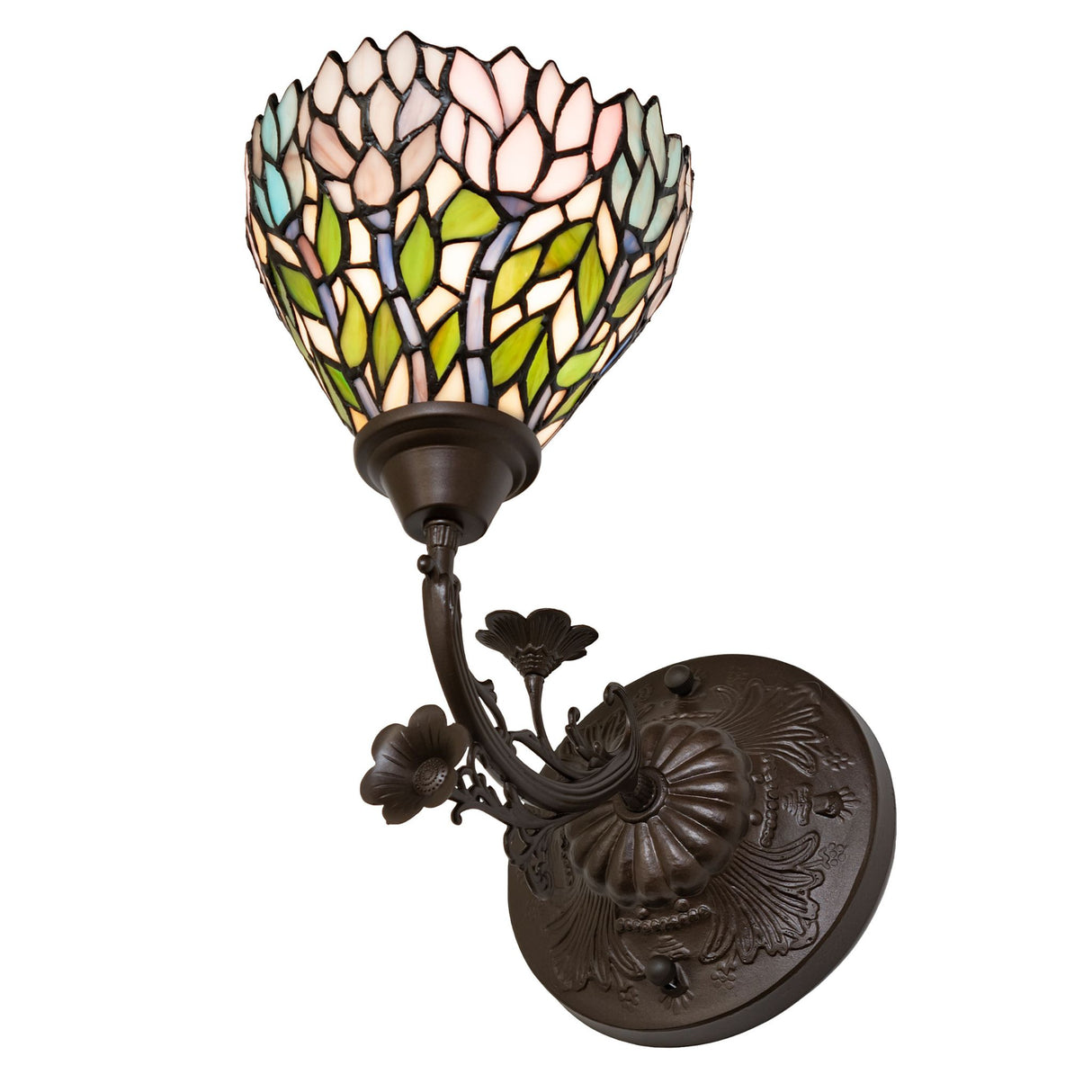 Wide-angle shot of the Wisteria wall sconce highlighting its artistic base.