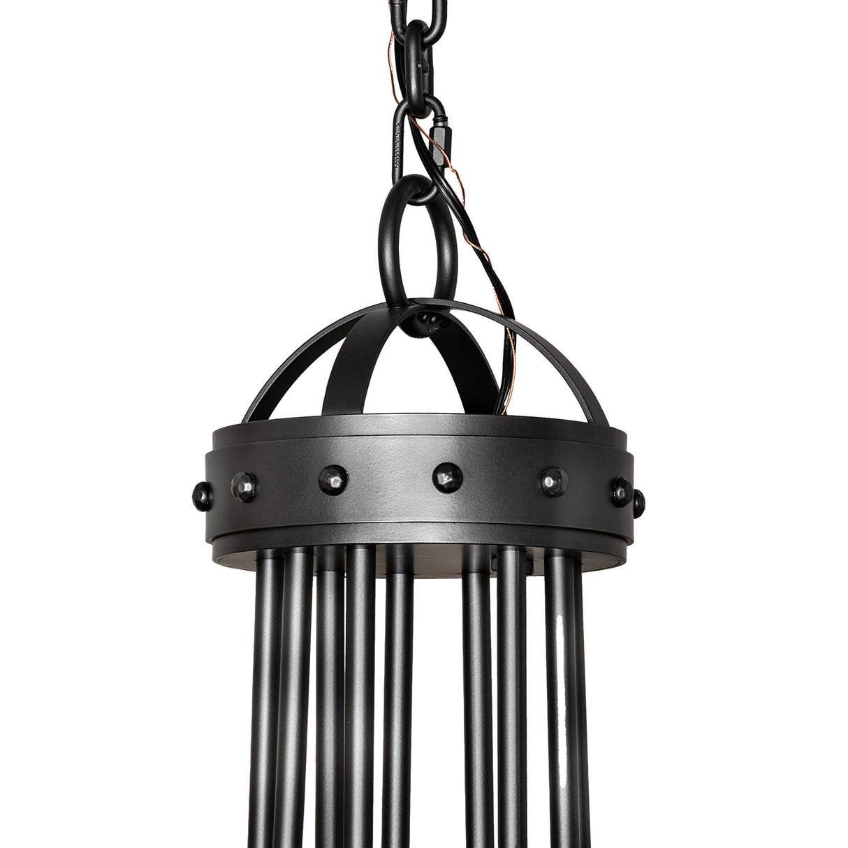 Close up of canopy and adjustable chain in matching wrought iron finish.