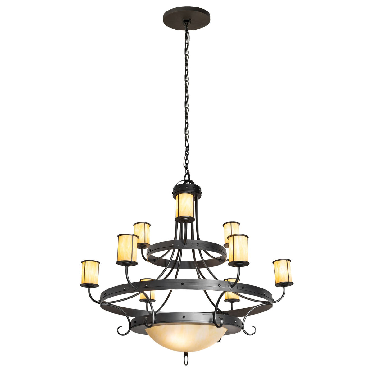 Full view of chandelier with three tier Botticino Idalight glass design.