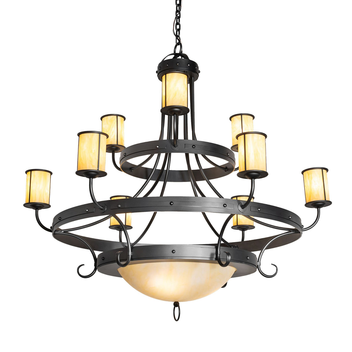 Nehring 9 light chandelier illuminated with Botticino Idalight shades and wrought iron frame.