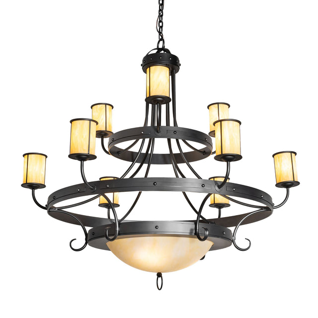 Nehring 9 light chandelier illuminated with Botticino Idalight shades and wrought iron frame.