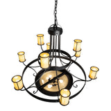 Top angle view of Nehring 9 light chandelier showing tiered arms and cylindrical Idalight shades.
