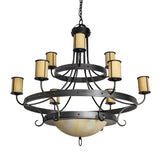Unlit view of a chandelier showcasing three tier wrought iron structure and Idalight shades.
