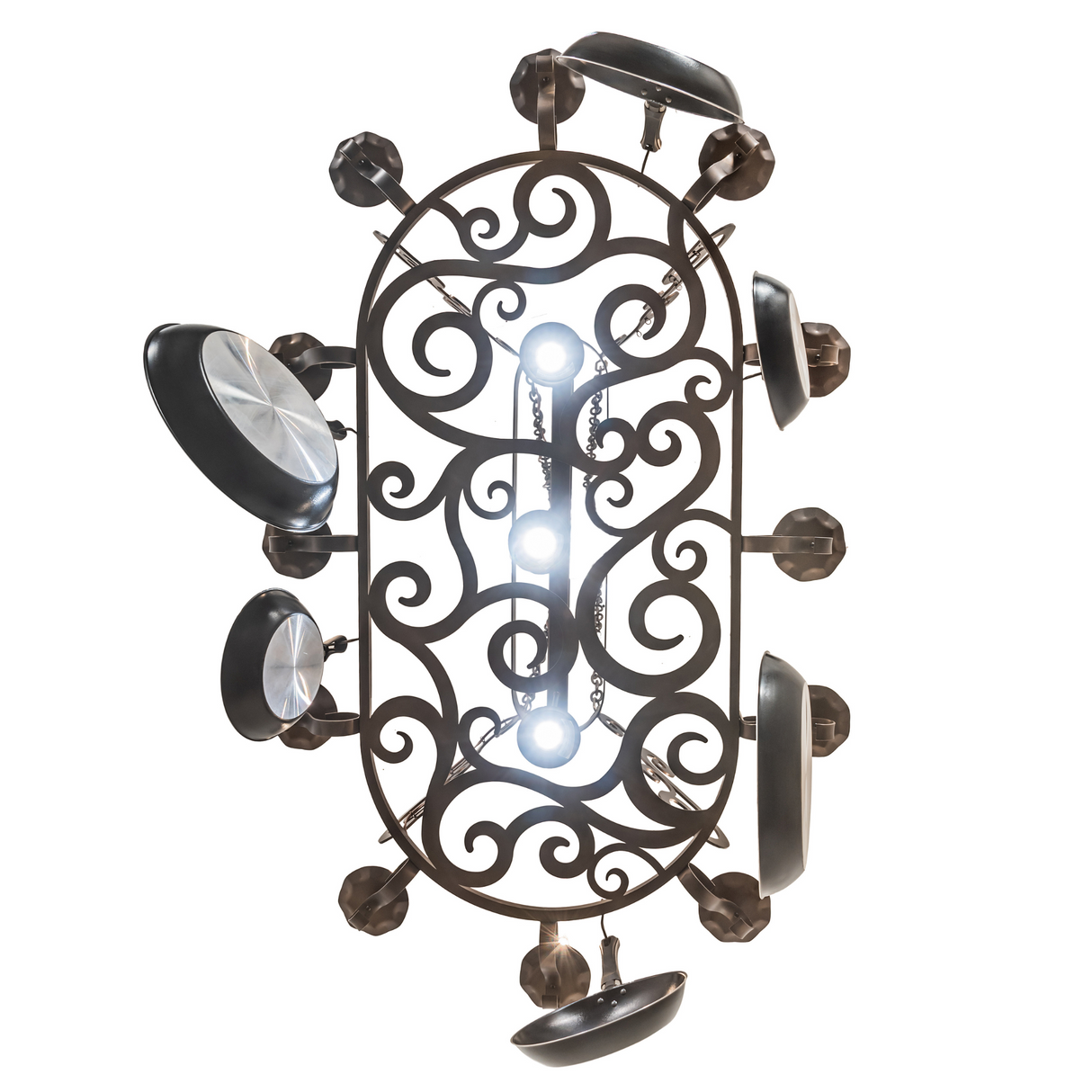 Bottom view of Neo 15 light chandelier showing lighting and hooks.