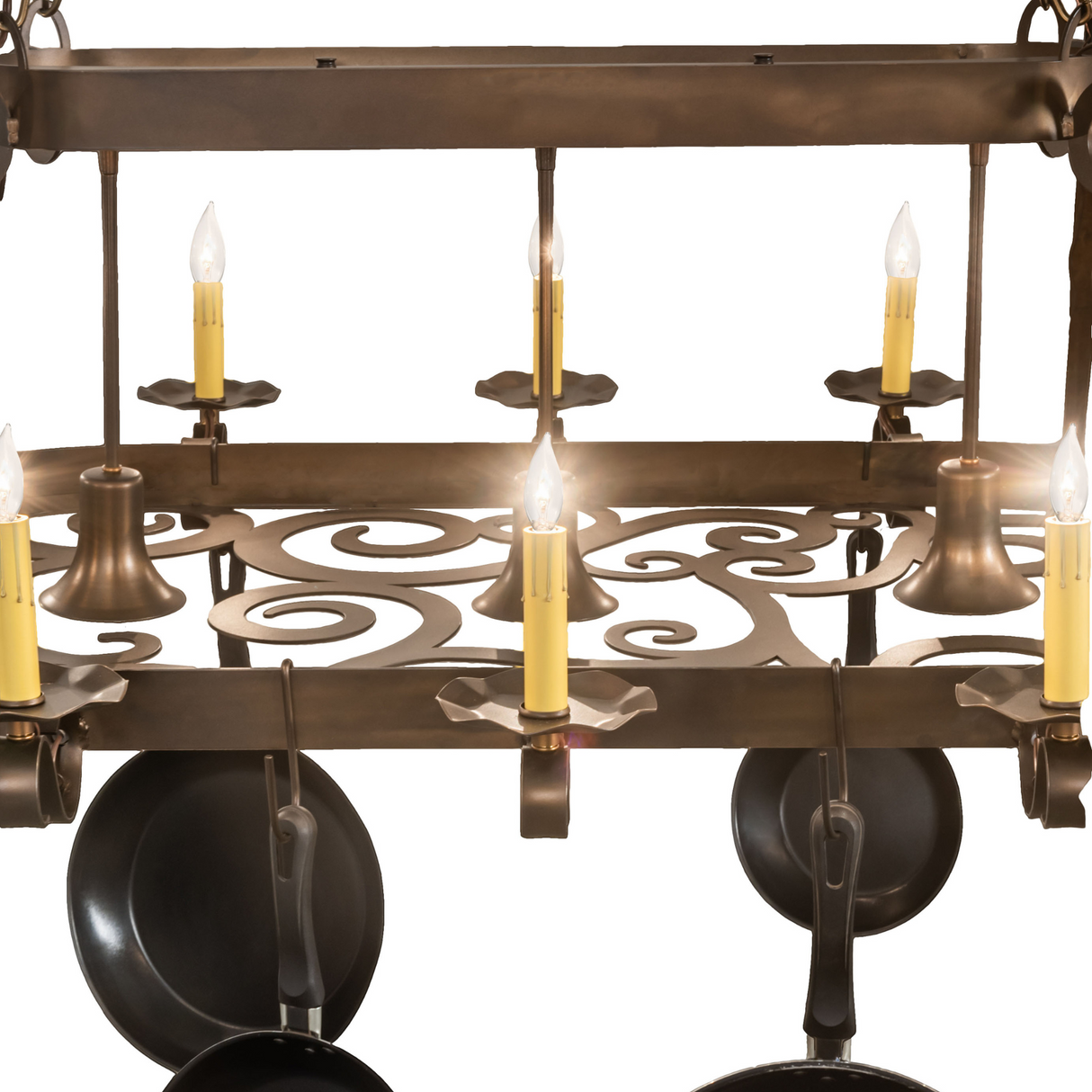 Closeup of faux candlelight and scroll accent on Neo 15 chandelier.