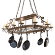 63" Neo 15 Light Pot Rack chandelier with scroll accents lit.